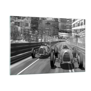 Cuadro sobre vidrio - Impresiones sobre Vidrio - Carrera de coches histórica en blanco y negro - 120x80cm - Érase una vez en Montecarlo - Decoración de pared moderna para salón y dormitorio ARTTOR
