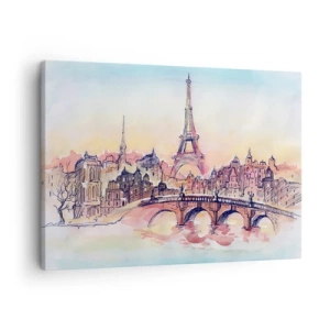 Cuadro sobre lienzo - Impresión de Imagen - Panorama de acuarela de París con la Torre Eiffel al atardecer - 70x50cm - Única en el mundo - Decoración de pared moderna para salón y dormitorio ARTTOR