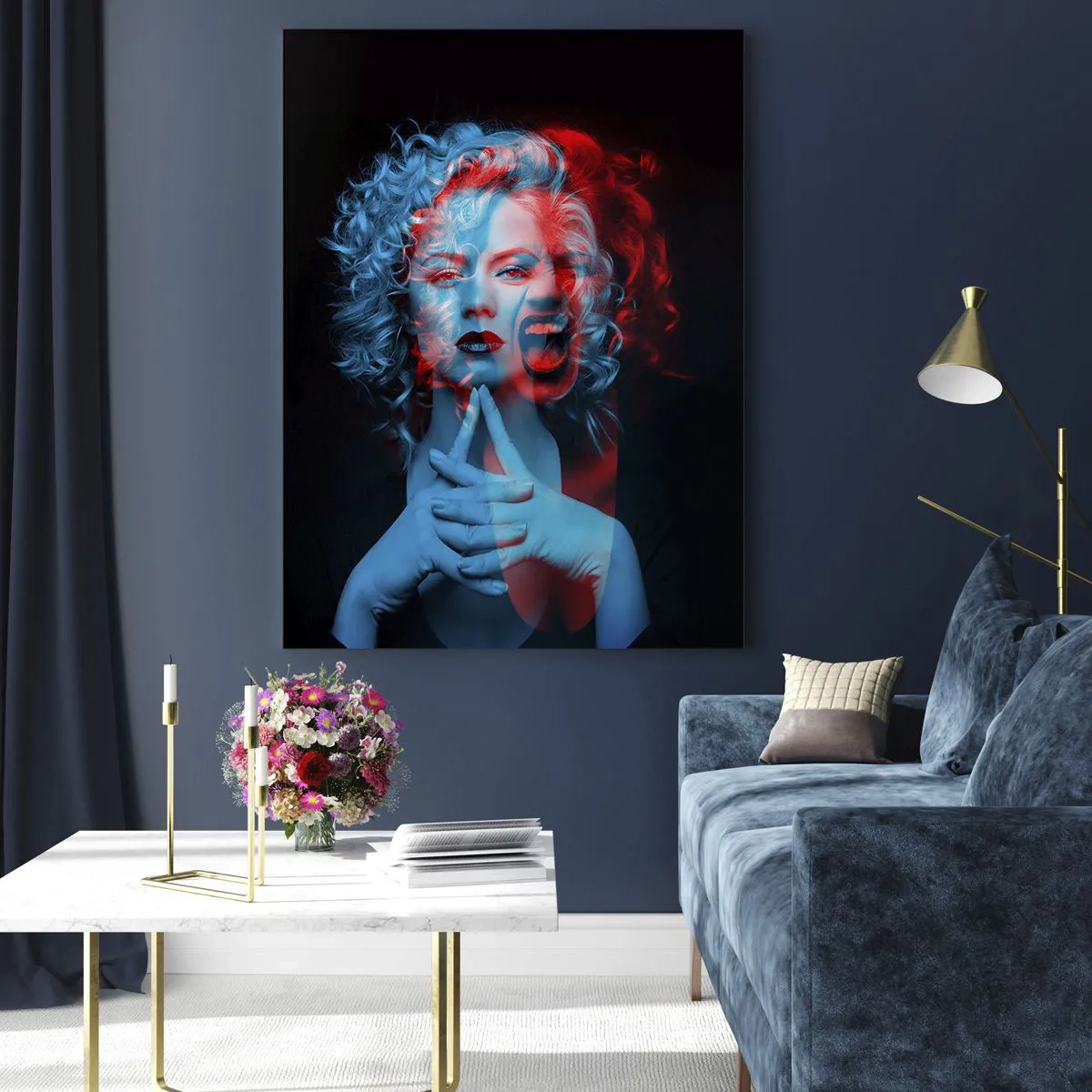 Cuadro sobre vidrio - Impresiones sobre Vidrio - Retrato de una mujer con efecto de cambio de color, en tonos azules y rojos. - 50x70cm - Alter ego - Decoración de pared moderna para salón y dormitorio ARTTOR