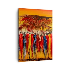 Cuadro sobre lienzo - Impresión de Imagen - Una escena colorida con figuras africanas con el sol poniente como telón de fondo. - 50x70cm - Allí, allí, allí van - Decoración de pared moderna para salón y dormitorio ARTTOR