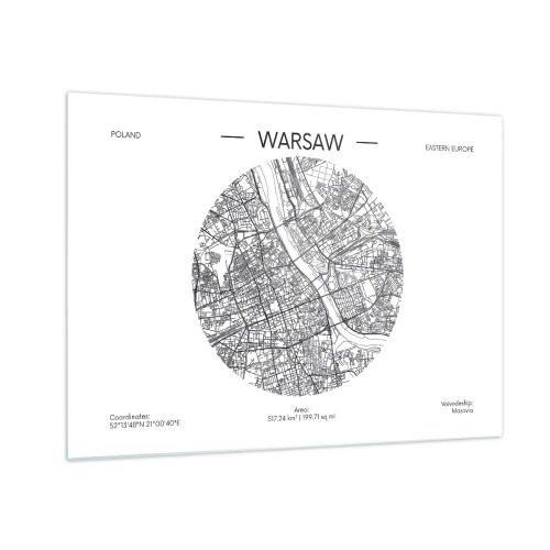 Cuadro sobre vidrio - Impresiones sobre Vidrio - Mapa de Varsovia en forma de ilustración gráfica - 70x50cm - Anatomía de Varsovia - Decoración de pared moderna para salón y dormitorio ARTTOR