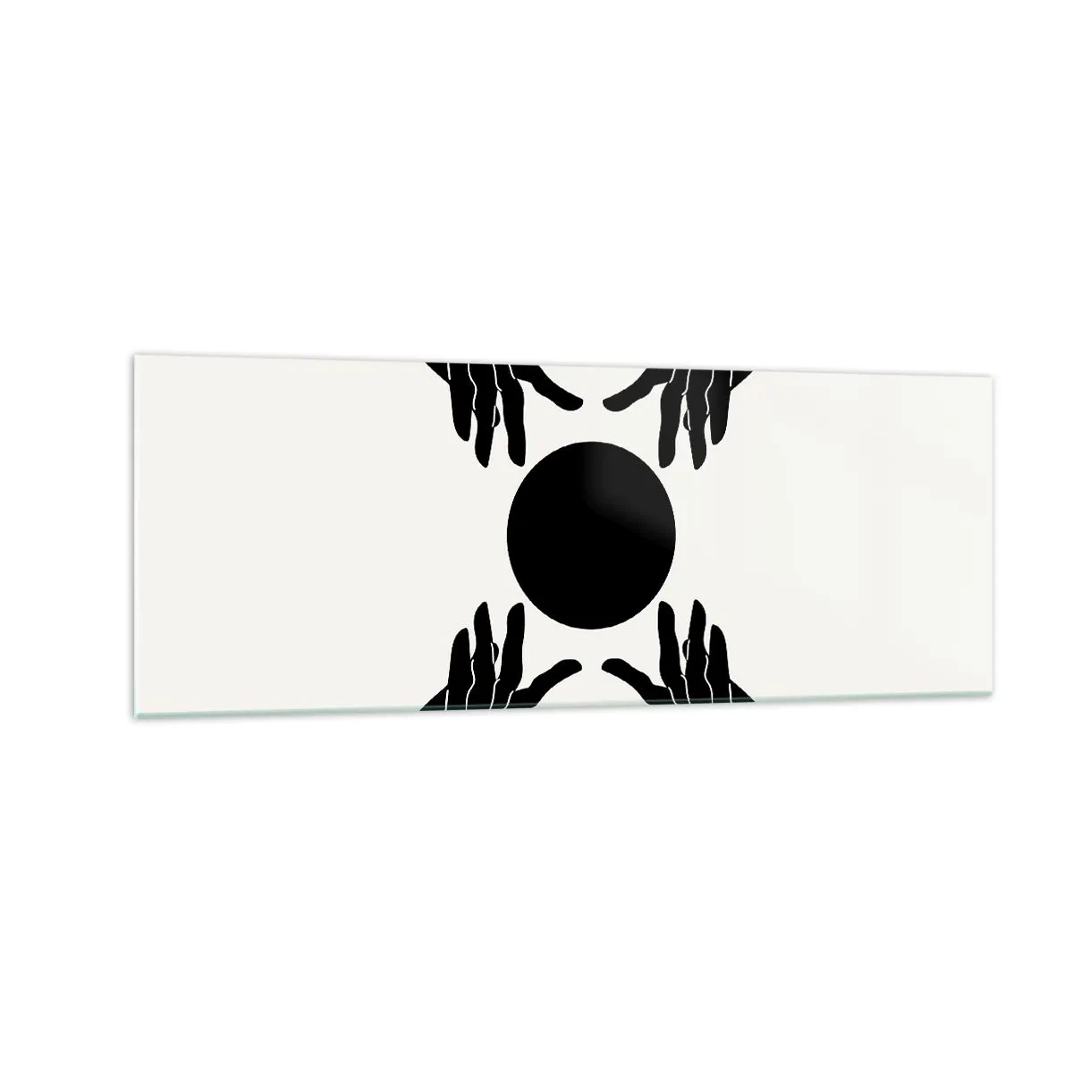 Cuadro sobre vidrio - Impresiones sobre Vidrio - Manos negras en una composición simétrica con una pelota. - 140x50cm - Una señal secreta - Decoración de pared moderna para salón y dormitorio ARTTOR