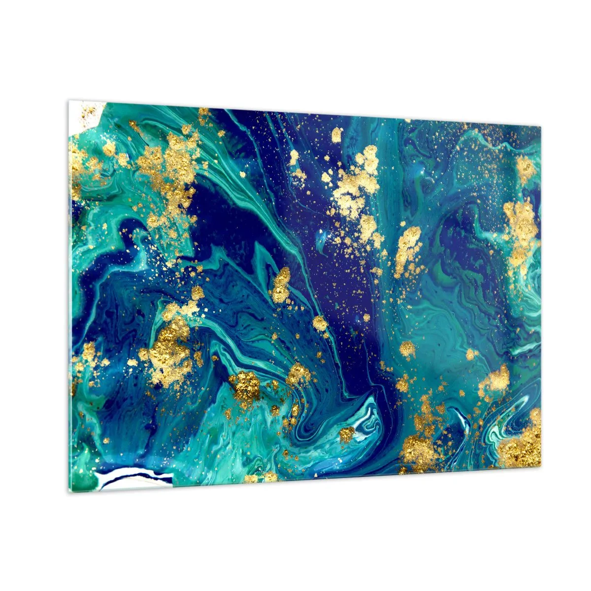 Cuadro sobre vidrio - Impresiones sobre Vidrio - Un patrón abstracto en tonos turquesa y azul marino con acentos dorados. - 100x70cm - Pétalos de sol - Decoración de pared moderna para salón y dormitorio ARTTOR