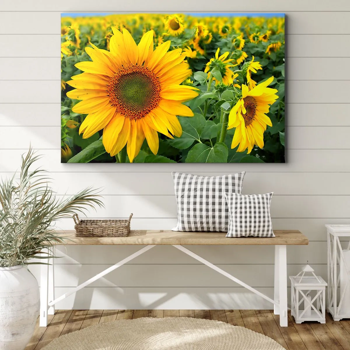 Cuadro sobre lienzo - Impresión de Imagen - Un campo de girasoles con flores amarillas sobre un fondo de hojas verdes. - 100x70cm - Cientos de soles estallan - Decoración de pared moderna para salón y dormitorio ARTTOR