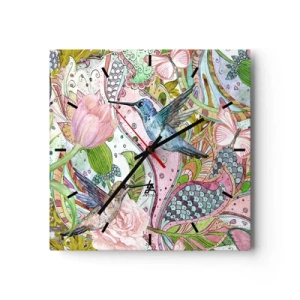 Reloj de pared - Reloj de vidrio - Colibríes y mariposas coloridos entre las plantas. - 30x30cm - Enredado en las vides - Decoración de pared moderna para salón y dormitorio ARTTOR