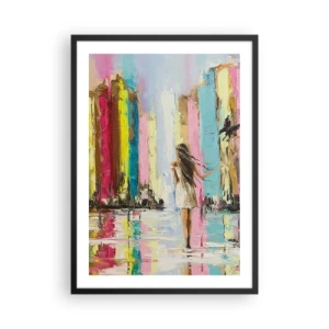 Póster en marco negro - Una mujer entre edificios coloridos de estilo impresionista. - 50x70cm - Sígueme - Decoración de pared moderna para salón y dormitorio ARTTOR
