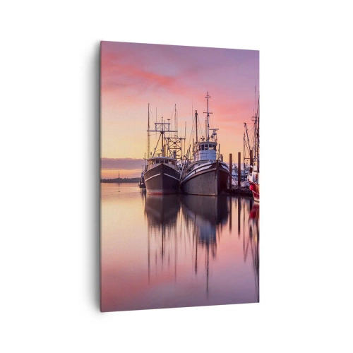 Cuadro sobre lienzo - Impresión de Imagen - Barcos de pesca en el puerto al atardecer - 80x120cm - Descanso antes de partir - Decoración de pared moderna para salón y dormitorio ARTTOR