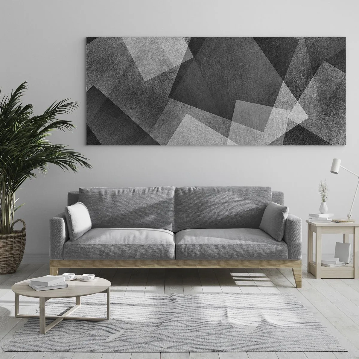 Cuadro sobre vidrio - Impresiones sobre Vidrio - Abstracción en blanco y negro con formas geométricas. - 160x50cm - Un símbolo eterno de permanencia y orden - Decoración de pared moderna para salón y dormitorio ARTTOR