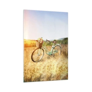 Cuadro sobre vidrio - Impresiones sobre Vidrio - Una bicicleta retro con una cesta llena de flores sobre un fondo de pradera. - 80x120cm - Me quedaré aquí un tiempo - Decoración de pared moderna para salón y dormitorio ARTTOR