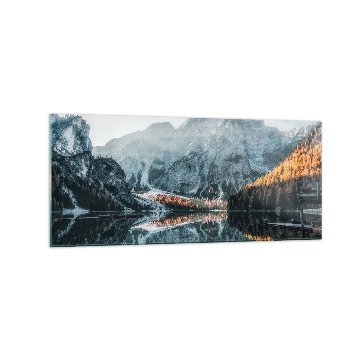 Cuadro sobre vidrio - Impresiones sobre Vidrio - Un paisaje de montaña reflejado en la tranquila superficie de un lago. - 120x50cm - Paisaje en el espejo - Decoración de pared moderna para salón y dormitorio ARTTOR