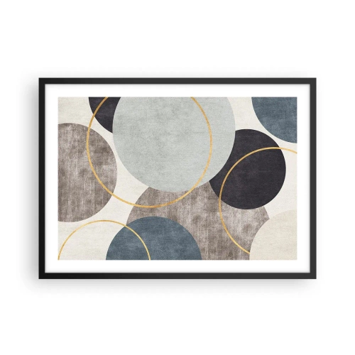 Póster en marco negro - Círculos geométricos en tonos grises, azules y dorados. - 70x50cm - Círculo tras círculo - Decoración de pared moderna para salón y dormitorio ARTTOR