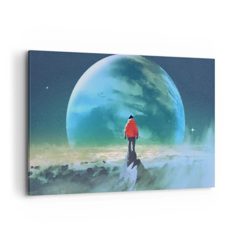 Cuadro sobre lienzo - Impresión de Imagen - Un hombre con una chaqueta roja de pie frente a un gran planeta con estrellas en el fondo. - 120x80cm - Descubridor de una nueva Tierra - Decoración de pared moderna para salón y dormitorio ARTTOR