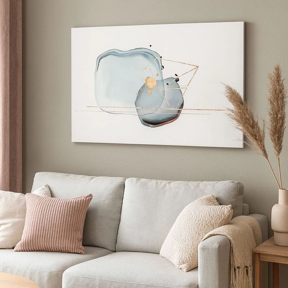 Cuadro sobre lienzo - Impresión de Imagen - Formas abstractas en tonos azules y dorados sobre un fondo blanco. - 70x50cm - Un estudio de gotas - Decoración de pared moderna para salón y dormitorio ARTTOR