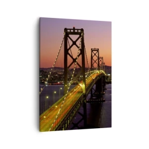 Cuadro sobre lienzo - Impresión de Imagen - Un puente iluminado por la noche sobre el agua con una vista panorámica de la ciudad. - 50x70cm - Tarde violeta - Decoración de pared moderna para salón y dormitorio ARTTOR