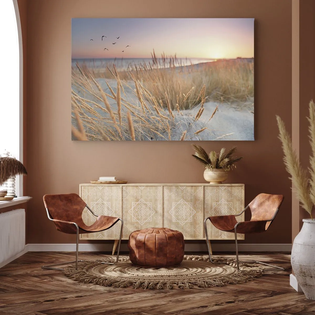 Cuadro sobre lienzo - Impresión de Imagen - Playa al atardecer con hierbas altas - 70x50cm - Dulce nana del Báltico - Decoración de pared moderna para salón y dormitorio ARTTOR