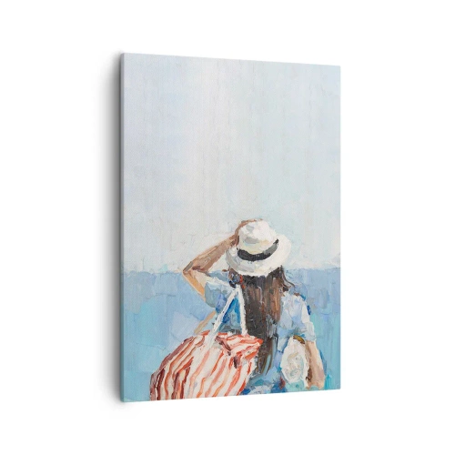 Cuadro sobre lienzo - Impresión de Imagen - Una mujer con sombrero frente al mar azul. - 50x70cm - Bienvenida a tus vacaciones - Decoración de pared moderna para salón y dormitorio ARTTOR