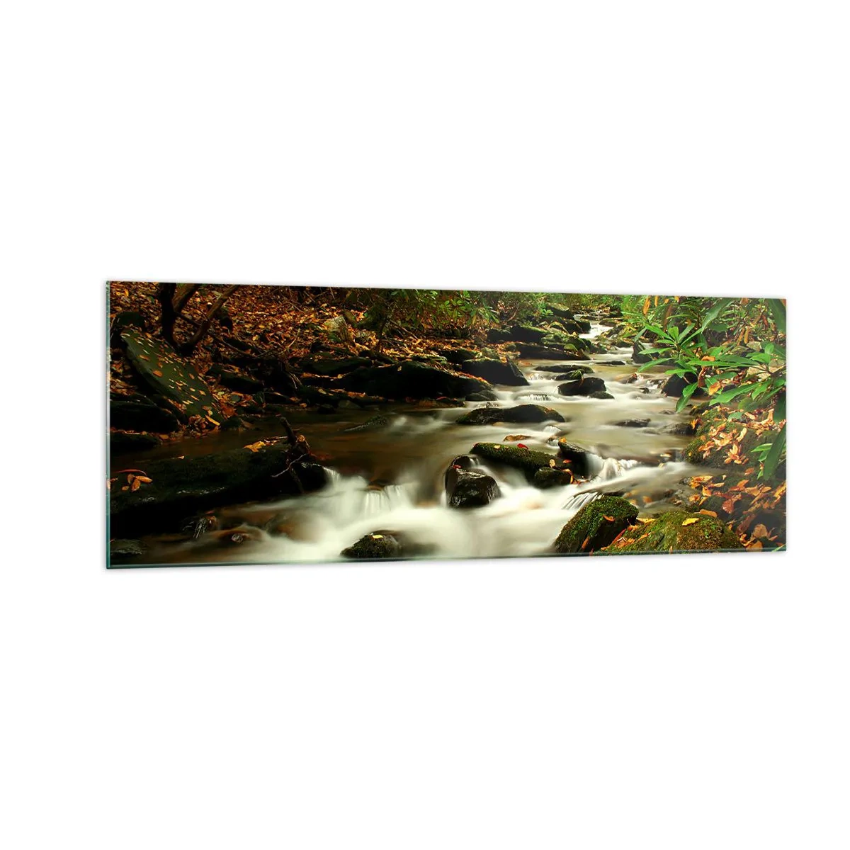 Cuadro sobre vidrio - Impresiones sobre Vidrio - Un arroyo forestal que fluye entre piedras rodeadas de vegetación. - 140x50cm - Como plata líquida - Decoración de pared moderna para salón y dormitorio ARTTOR