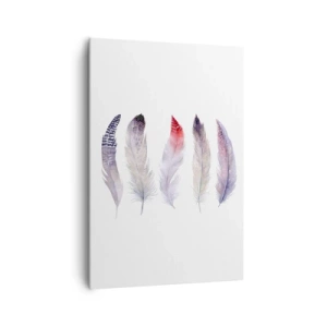 Cuadro sobre lienzo - Impresión de Imagen - Cinco delicadas plumas en tonos pastel sobre un fondo claro. - 70x100cm - Suave como la niebla de muchos colores - Decoración de pared moderna para salón y dormitorio ARTTOR