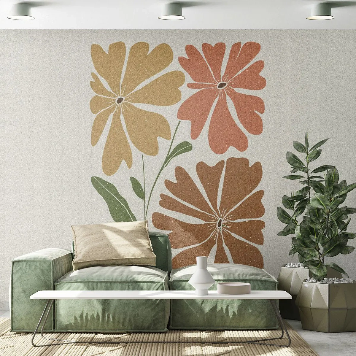 Fotomural Premium Sand - Tres flores estilizadas en tonos tierra. - 100x70cm - Naturaleza y geometría - Decoración de pared moderna para salón y dormitorio ARTTOR