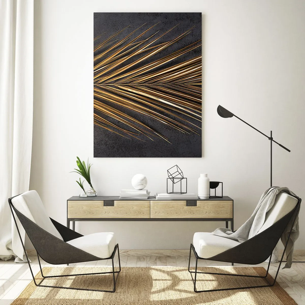Cuadro sobre vidrio - Impresiones sobre Vidrio - Hoja de palma dorada sobre un fondo oscuro - 50x70cm - El oro de los trópicos - Decoración de pared moderna para salón y dormitorio ARTTOR