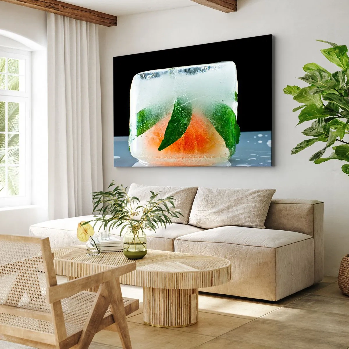 Cuadro sobre lienzo - Impresión de Imagen - Cubito de hielo con naranja y hojas - 70x50cm - Frescura - Decoración de pared moderna para salón y dormitorio ARTTOR
