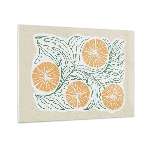 Cuadro sobre vidrio - Impresiones sobre Vidrio - Frutos anaranjados y hojas verdes en una composición gráfica. - 70x50cm - Étnico con un toque de abstracción - Decoración de pared moderna para salón y dormitorio ARTTOR