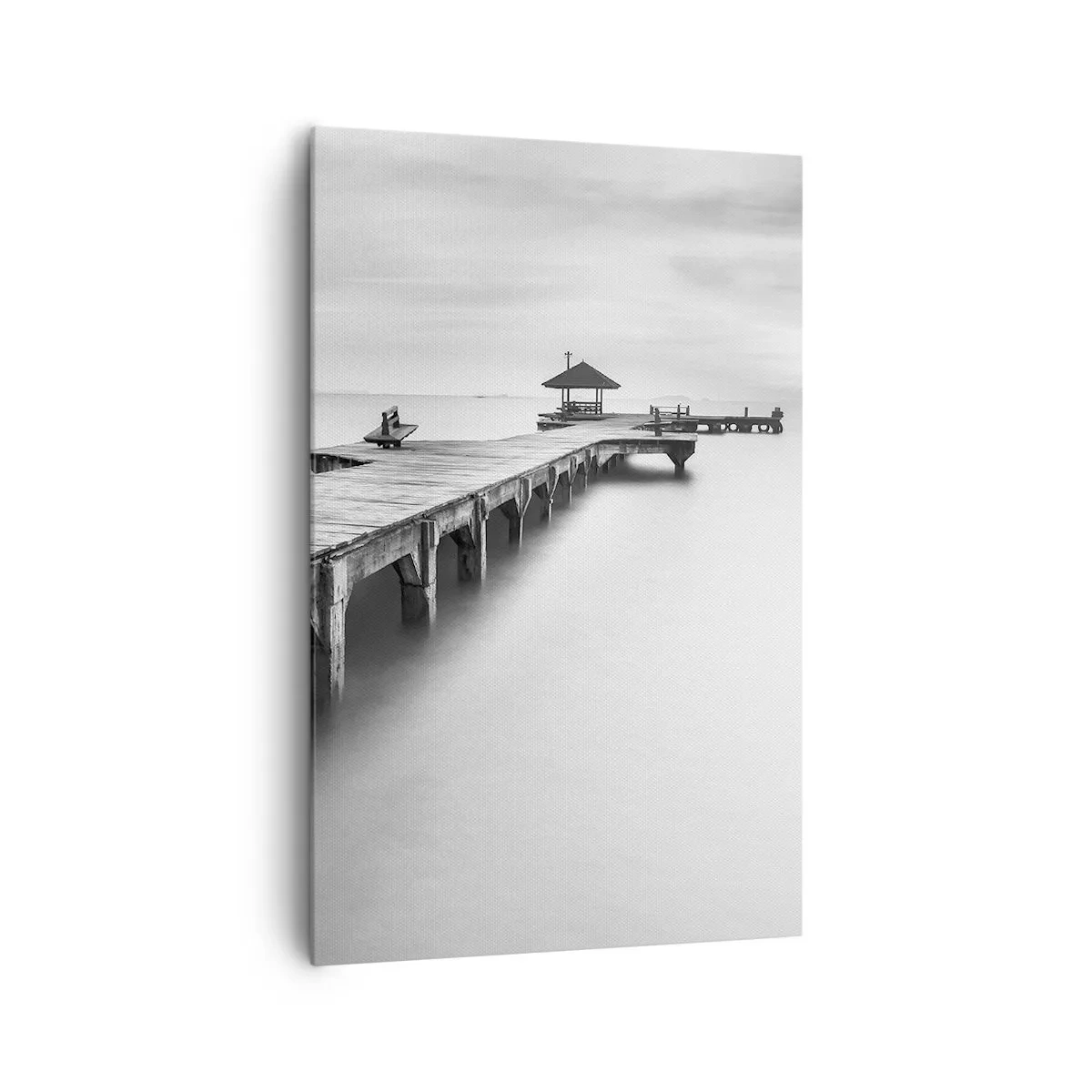 Cuadro sobre lienzo - Impresión de Imagen - Una vista en blanco y negro de un muelle de madera sobre aguas tranquilas. - 80x120cm - Lejos - Decoración de pared moderna para salón y dormitorio ARTTOR
