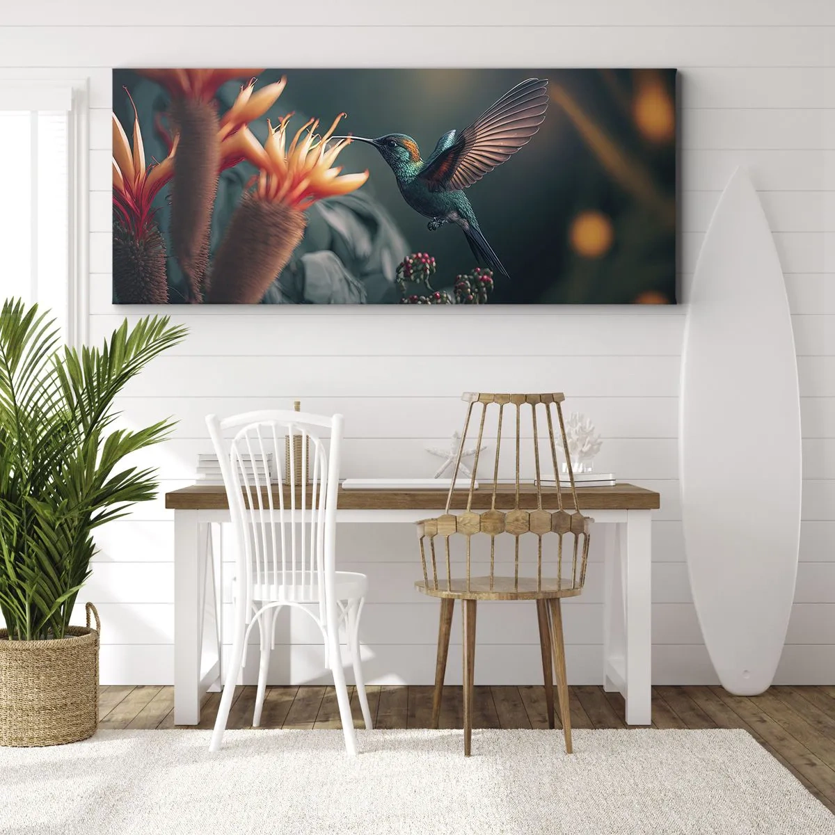 Cuadro sobre lienzo - Impresión de Imagen - Un colibrí colorido junto a las flores contra un fondo natural. - 140x50cm - Una vida verdaderamente colorida - Decoración de pared moderna para salón y dormitorio ARTTOR