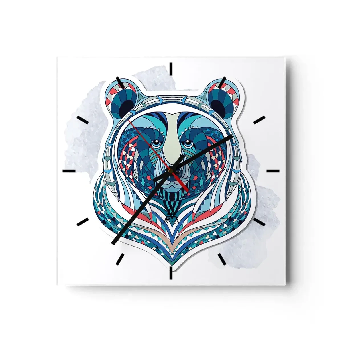 Reloj de pared - Reloj de vidrio - Oso geométrico en tonos azules y rojos. - 30x30cm - ¡Viva Groenlandia! - Decoración de pared moderna para salón y dormitorio ARTTOR