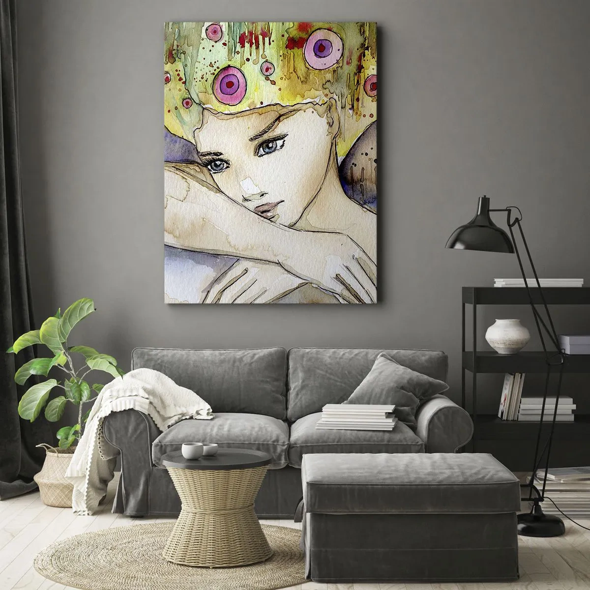 Cuadro sobre lienzo - Impresión de Imagen - Una mujer con un peinado abstracto y una mariposa rosa. - 50x70cm - Una princesa mariposa - Decoración de pared moderna para salón y dormitorio ARTTOR
