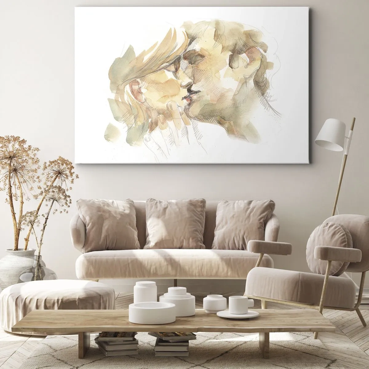 Cuadro sobre lienzo - Impresión de Imagen - Retrato romántico en acuarela de una pareja besándose. - 100x70cm - ¿La media naranja encontrada? - Decoración de pared moderna para salón y dormitorio ARTTOR