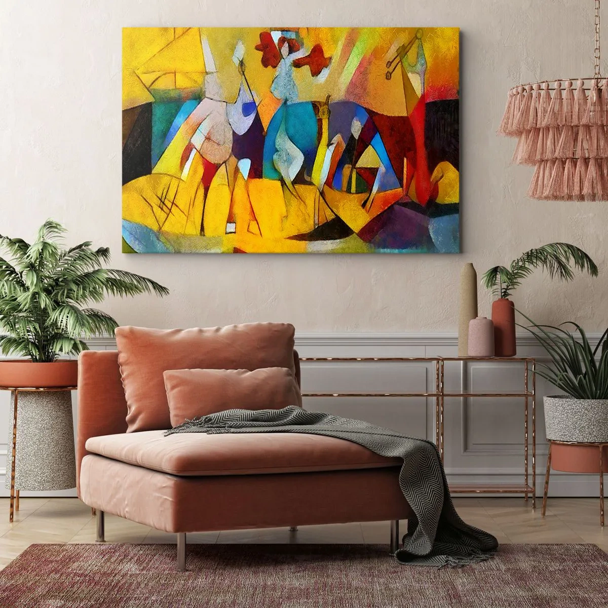 Cuadro sobre lienzo - Impresión de Imagen - Una abstracción colorida que representa figuras en forma geométrica. - 120x80cm - Sol - vida - alegría - Decoración de pared moderna para salón y dormitorio ARTTOR