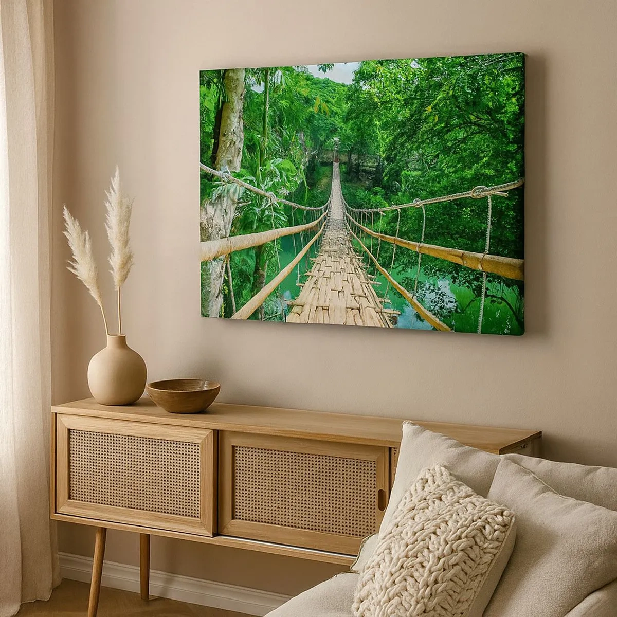 Cuadro sobre lienzo - Impresión de Imagen - Un puente colgante de bambú rodeado de vegetación. - 70x50cm - Puente colgante sobre la vegetación - Decoración de pared moderna para salón y dormitorio ARTTOR