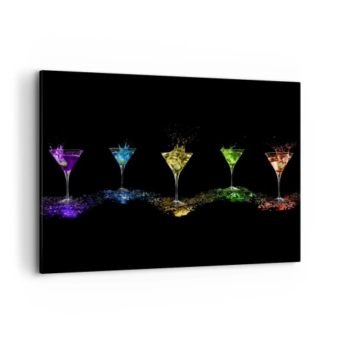 Cuadro sobre lienzo - Impresión de Imagen - Cócteles coloridos en vasos sobre un fondo negro - 100x70cm - Los colores de la alegría en una copa de cristal - Decoración de pared moderna para salón y dormitorio ARTTOR