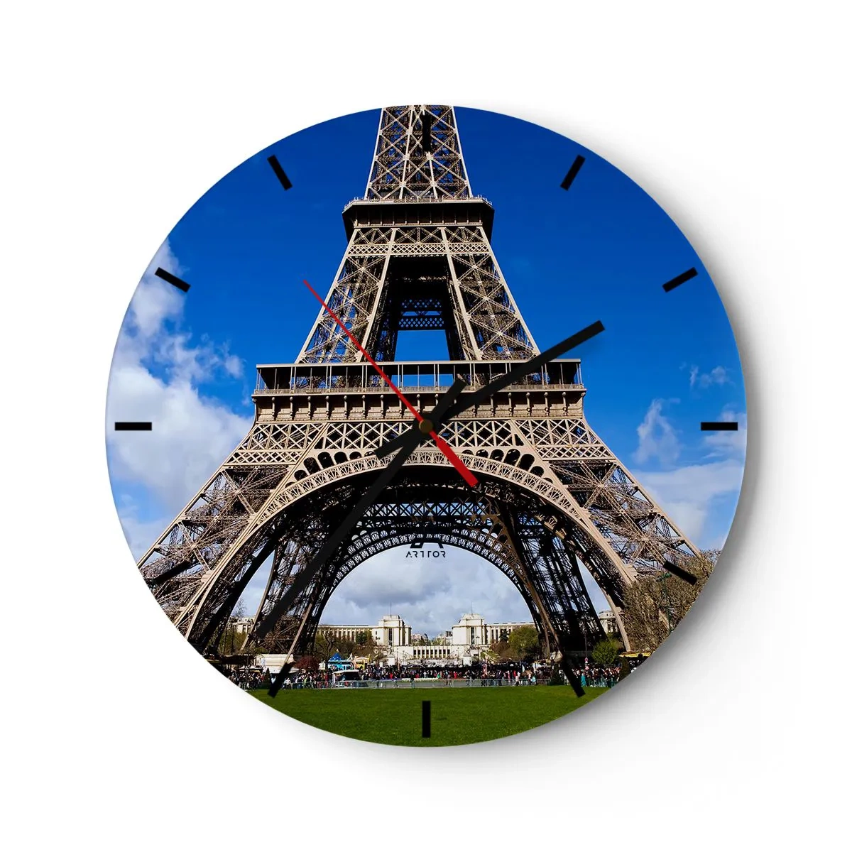 Reloj de pared - Reloj de vidrio - La Torre Eiffel contra un cielo azul - 30x30cm - Todo París a sus pies - Decoración de pared moderna para salón, cocina y dormitorio ARTTOR