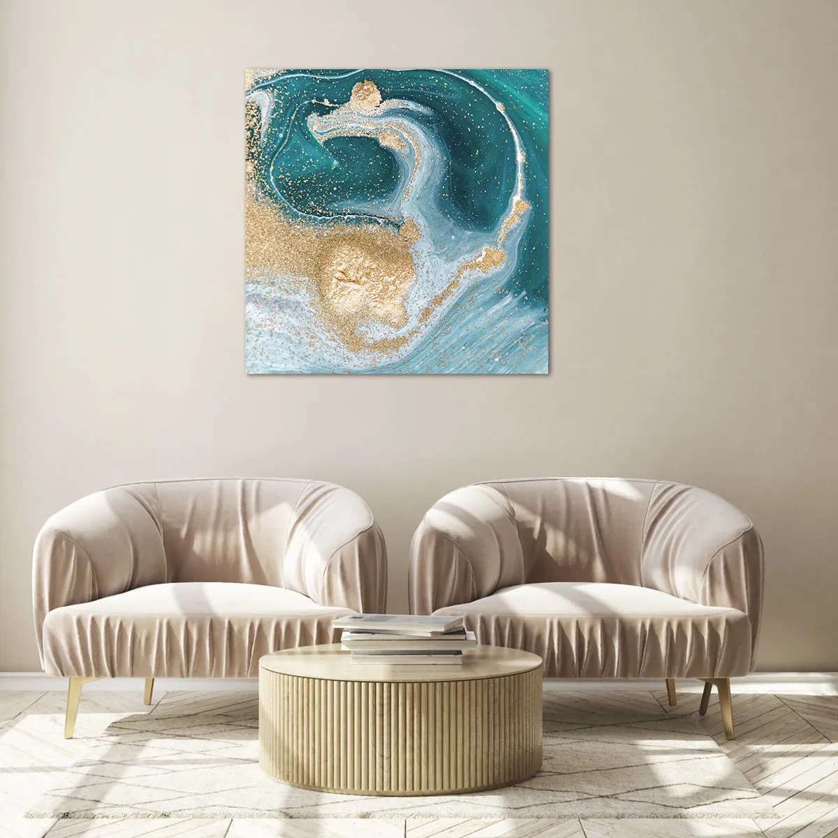 Cuadro sobre vidrio - Impresiones sobre Vidrio - Un remolino de oro y turquesa - 60x60 cm