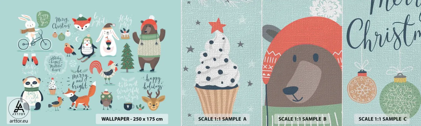 Muestra de fotomural Premium Canvas - ¡Que siempre sea Navidad! - Para niños, Invierno, animales felices - 100x30 cm