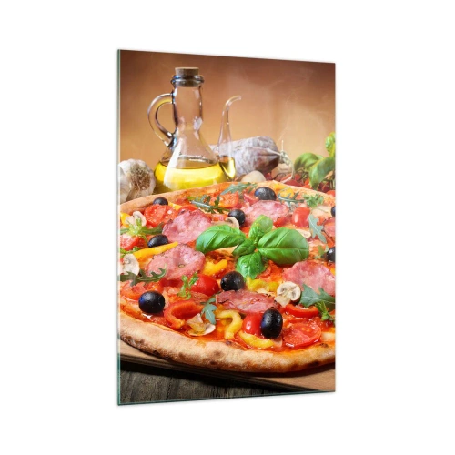 Cuadro sobre vidrio - Impresiones sobre Vidrio - Deliciosa pizza en una mesa de madera con ingredientes. - 70x100cm - Con un verdadero sabor italiano - Decoración de pared moderna para salón y dormitorio ARTTOR