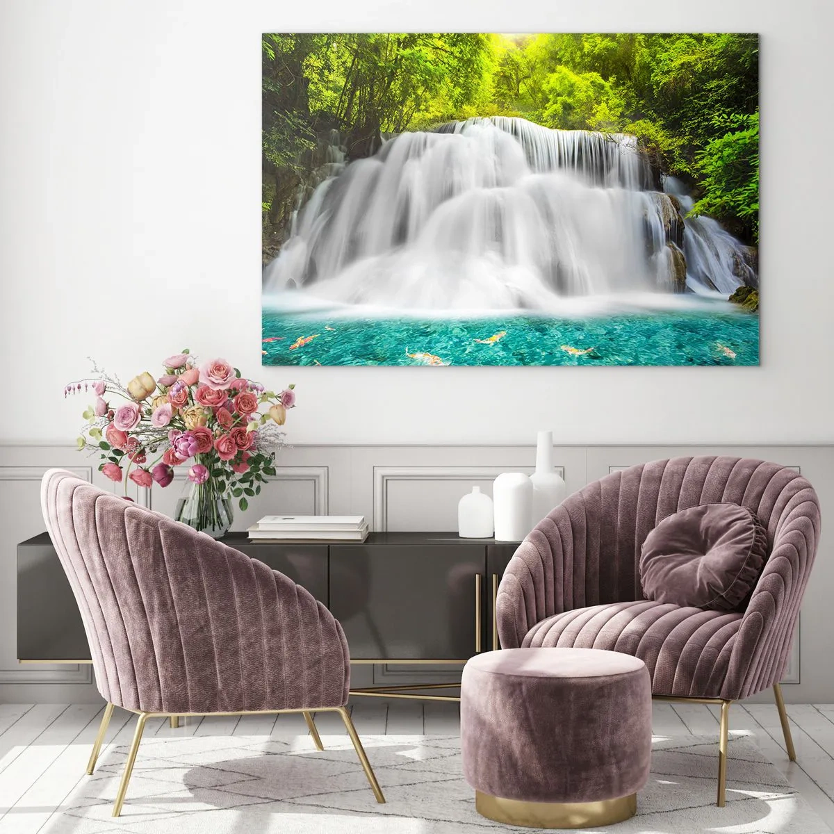Cuadro sobre vidrio - Impresiones sobre Vidrio - Una cascada rodeada de vegetación con agua cristalina. - 120x80cm - Cascada espumosa, de verde a azul - Decoración de pared moderna para salón y dormitorio ARTTOR