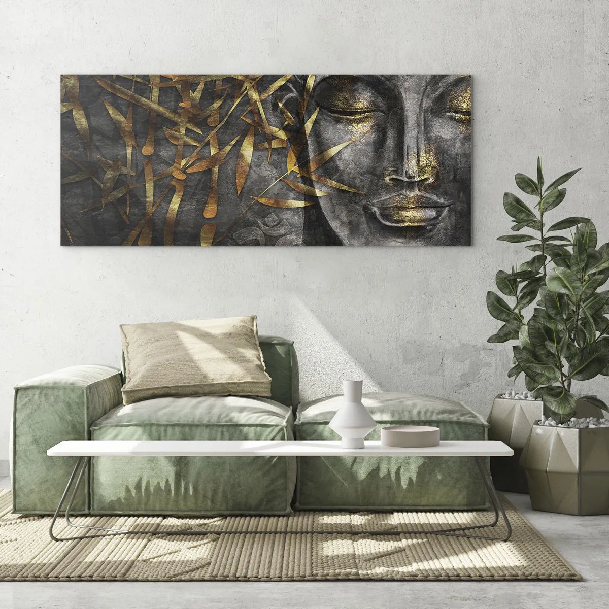 Cuadro sobre vidrio - Impresiones sobre Vidrio - Imagen de Buda zen con bambúes dorados - 160x50cm - Siente la paz - Decoración de pared moderna para salón y dormitorio ARTTOR