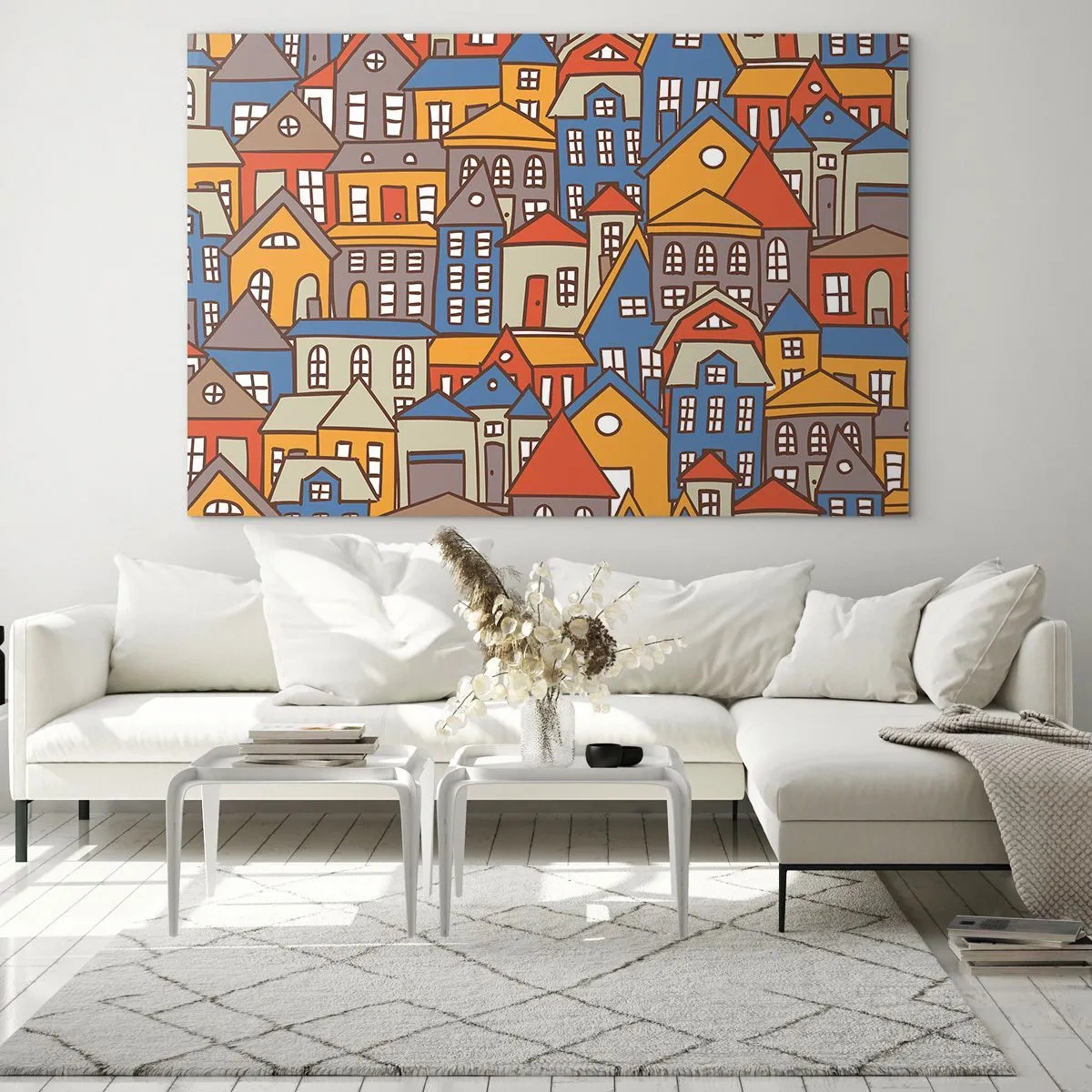 Cuadro sobre vidrio - Impresiones sobre Vidrio - Casas coloridas en estilo gráfico crean un paisaje alegre - 120x80cm - Casa tras casa - Decoración de pared moderna para salón y dormitorio ARTTOR