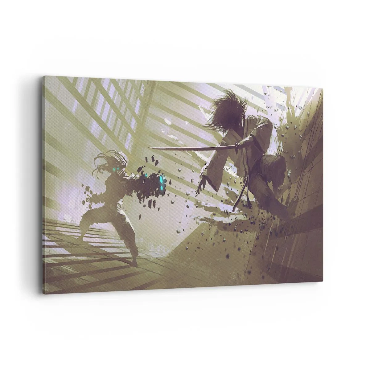 Cuadro sobre lienzo - Impresión de Imagen - Lucha dinámica entre dos personajes en estilo futurista. - 120x80cm - Y puedes ser un samurai - Decoración de pared moderna para salón y dormitorio ARTTOR