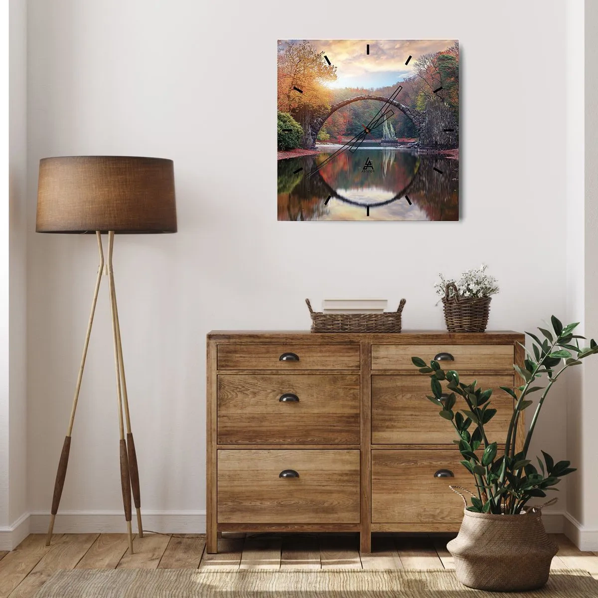 Reloj de pared - Reloj de vidrio - Un puente de piedra en un paisaje otoñal sobre aguas tranquilas. - 30x30cm - Al otro lado del espejo - Decoración de pared moderna para salón y dormitorio ARTTOR