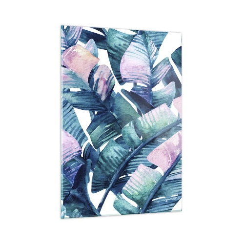 Cuadro sobre vidrio - Impresiones sobre Vidrio - Hojas de plátano en tonos pastel sobre un fondo blanco. - 50x70cm - En una plantación de plátanos - Decoración de pared moderna para salón y dormitorio ARTTOR