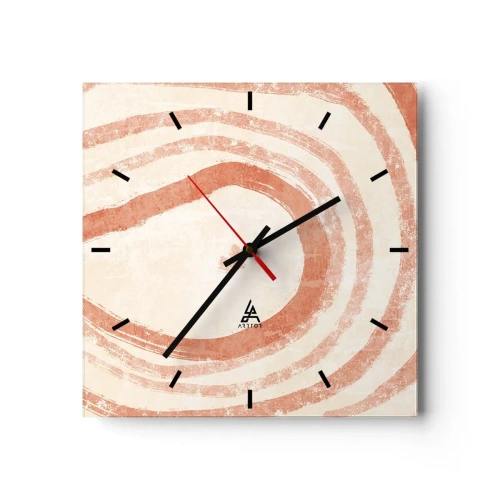 Reloj de pared - Reloj de vidrio - Un motivo abstracto de líneas concéntricas en tonos terracota. - 30x30cm - Círculos de coral - composición - Decoración de pared moderna para salón y dormitorio ARTTOR