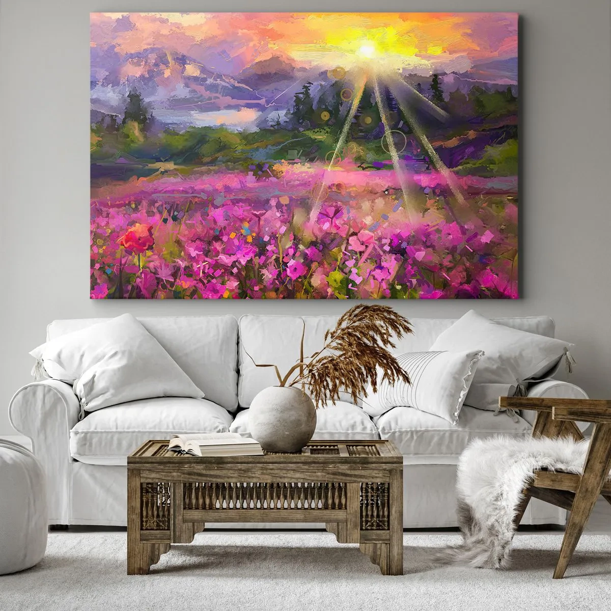Cuadro sobre lienzo - Impresión de Imagen - Un prado pintoresco bajo los rayos del sol poniente. - 70x50cm - En un valle bajo la protección del sol - Decoración de pared moderna para salón y dormitorio ARTTOR
