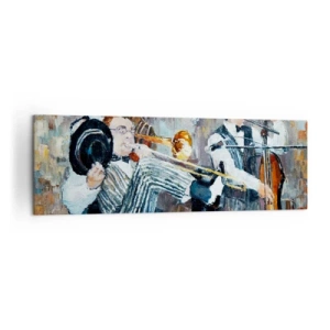Cuadro sobre lienzo - Impresión de Imagen - Músicos de jazz en estilo pictórico durante un concierto. - 160x50cm - Todo ese jazz - Decoración de pared moderna para salón y dormitorio ARTTOR