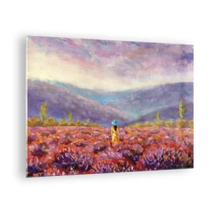 Cuadro sobre vidrio - Impresiones sobre Vidrio - Una figura con sombrero en un campo de lavanda al anochecer. - 70x50cm - En un mundo de lavanda - Decoración de pared moderna para salón y dormitorio ARTTOR
