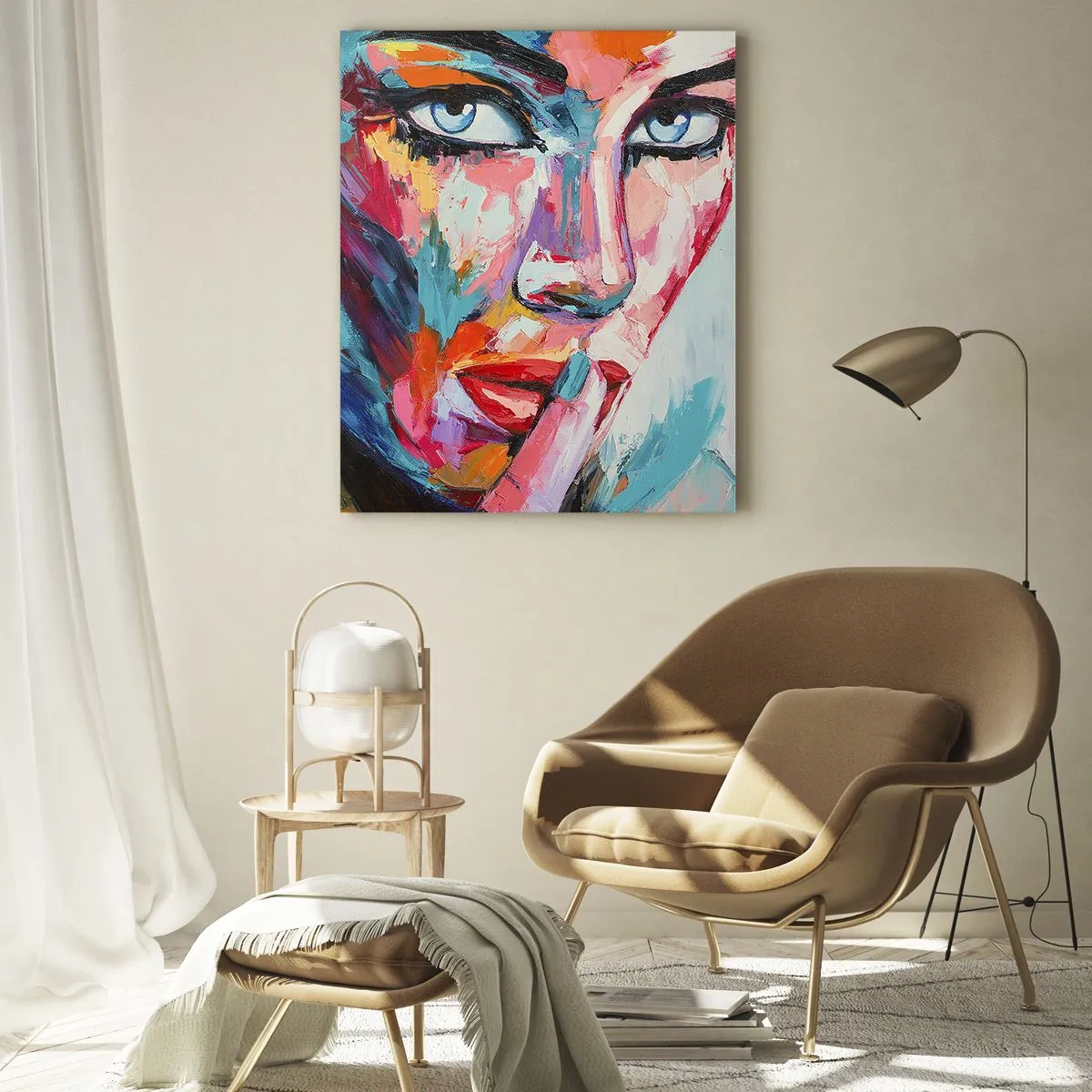 Cuadro sobre vidrio - Impresiones sobre Vidrio - Retrato colorido de una mujer en estilo abstracto. - 70x100cm - Nuestro primer secreto - Decoración de pared moderna para salón y dormitorio ARTTOR