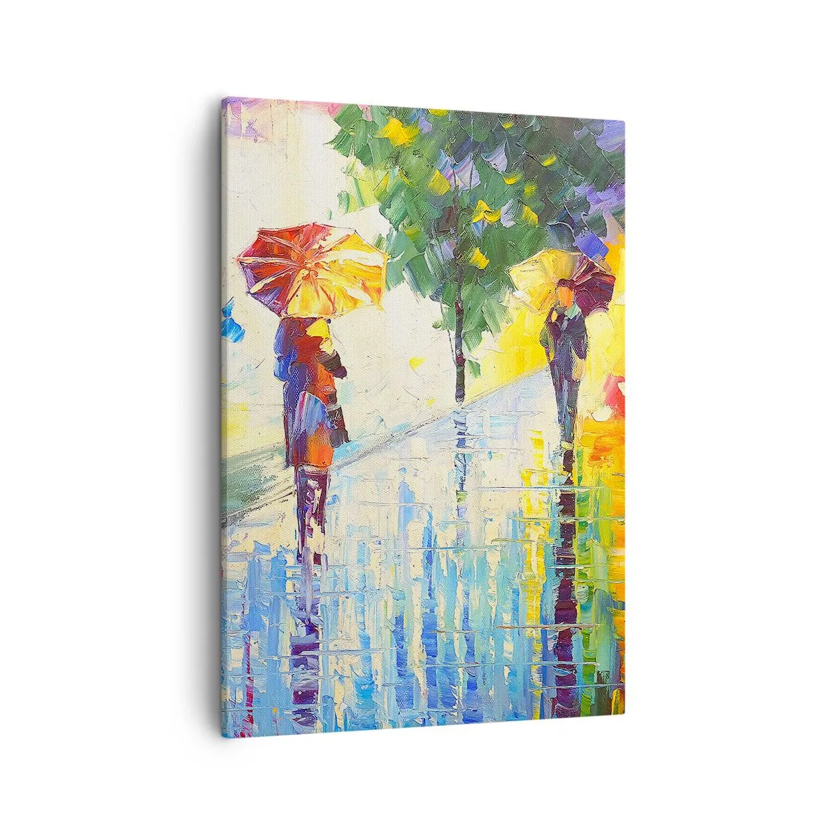 Cuadro sobre lienzo - Impresión de Imagen - Un paseo con paraguas en un colorido paisaje lluvioso. - 50x70cm - Y todo está claro - Decoración de pared moderna para salón y dormitorio ARTTOR